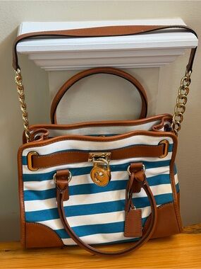 Michael Kors Hamilton Striped Blue White Crossbody Canvas Satchel Tan Leather